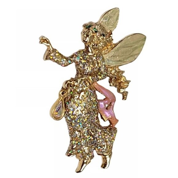 KIRKS FOLLY Gold Tone Enamel Fairy Angel Brooch with Dangle Charm - Picture 2 of 9